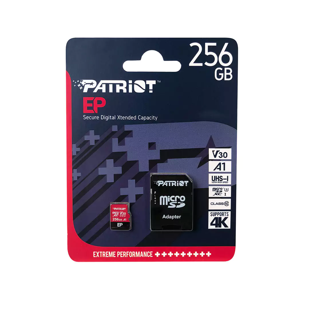 PATRIOT-microSD-EP-V30-256GB-3.webp رم میکرو 256 گیگ پاتریوت Patriot EP A1 V30 U3 C10 90MB/s + خشاب - تصویر 1